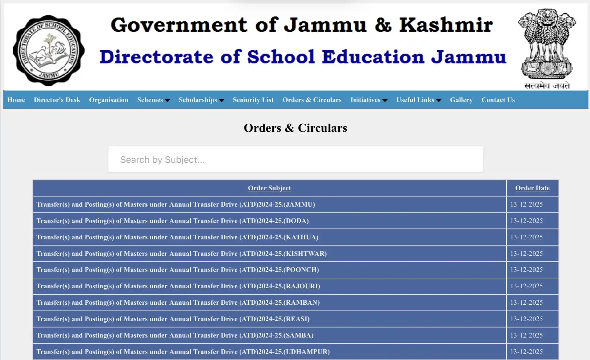 Transfer & Posting of Masters Across All 10 Districts of Jammu