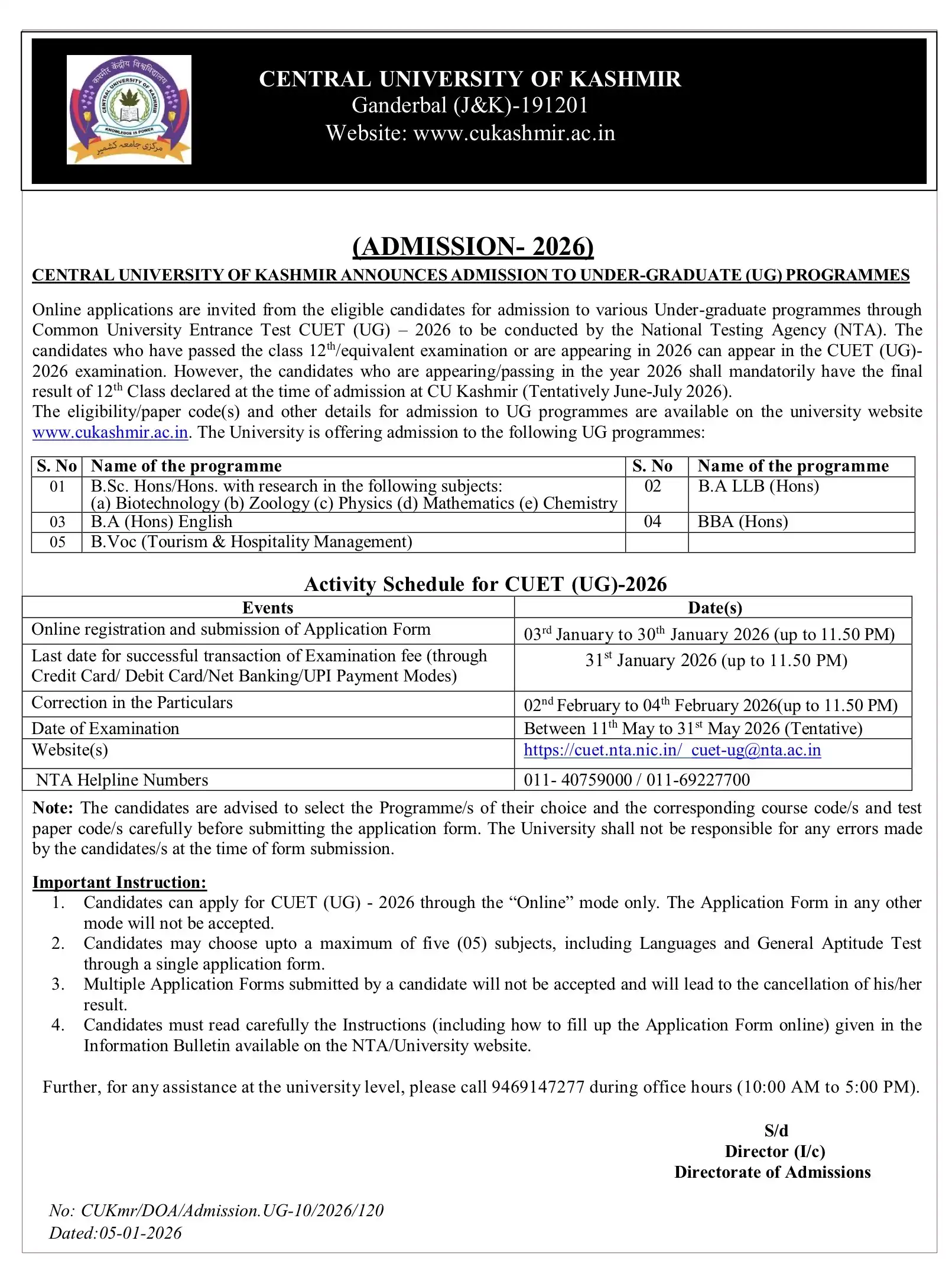Central University Kashmir UG Admission 2026